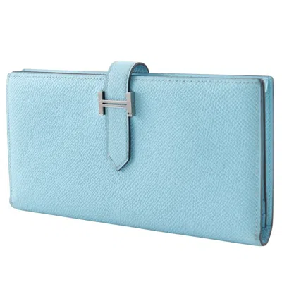 Pre-owned Hermes Bearn Light Blue Epsom Leather Long Wallet (bi-fold) ()