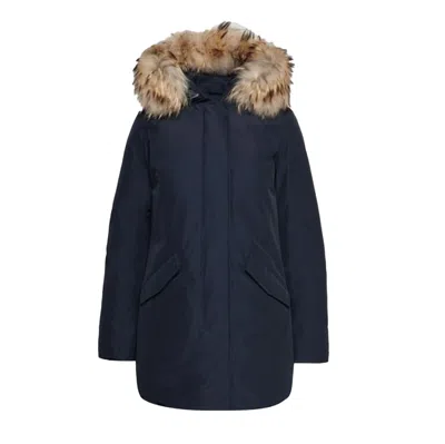 Woolrich Mid-length Black Parka With Detachable Fur-trimmed Hood In Blue