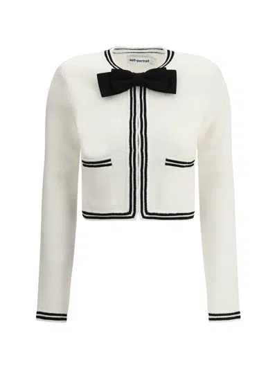 Self-portrait Beige Cardigan With Bow Detail On The Front And Contrasting Trims In Cotton Blend Woman