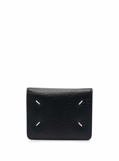 Maison Margiela Black Bifold Wallet With Stitching Detail And Key Ring In Grained Leather Woman Mais