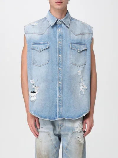 Mm6 Maison Margiela Mm6 By Maison Margiela Short-sleeved Denim-effect Shirt With Flap Pockets In Blue
