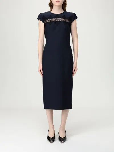Alexander Mcqueen Wool Tailored Pencil Dress With Lace Details In Blue