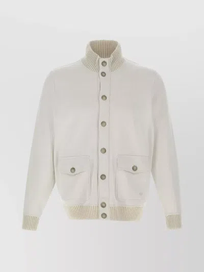 Fay Buttoned Beige Bomber Jacket With Ribbed Details In Neutral