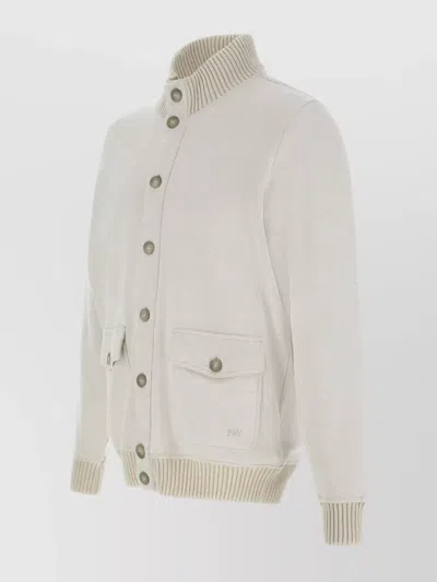 Fay Buttoned Beige Bomber Jacket With Ribbed Details In Neutral