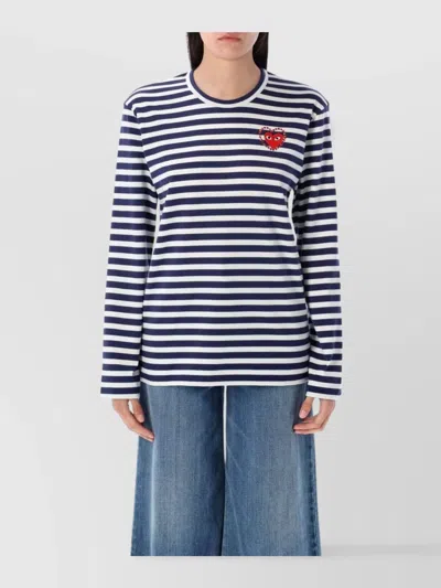 Comme Des Garçons Play Striped Navy And White T-shirt With Crystal Heart In Multi