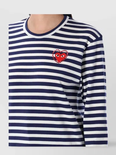 Comme Des Garçons Play Striped Navy And White T-shirt With Crystal Heart In Multi