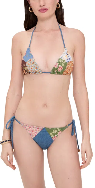 Zimmermann Lucky Patchwork Floral-print Cotton And Chambray Triangle Bikini