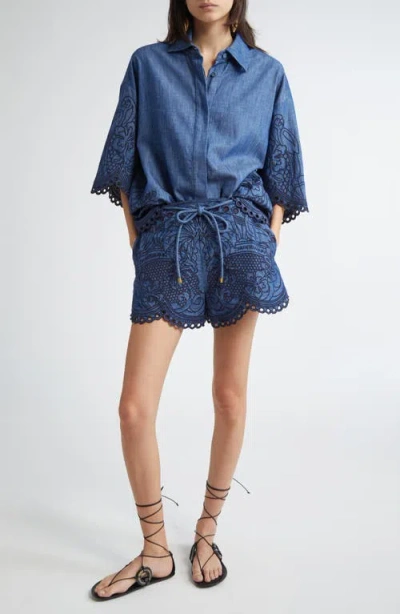 Zimmermann Denim Shirt With Floral Embroidery And Collared Neck In Blue