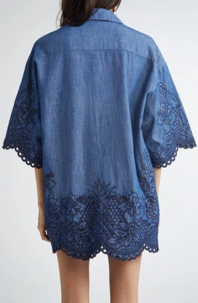 Zimmermann Denim Shirt With Floral Embroidery And Collared Neck In Blue