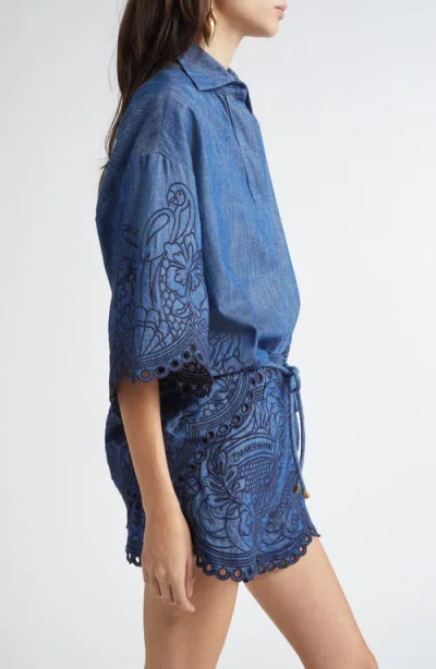 Zimmermann Denim Shirt With Floral Embroidery And Collared Neck In Blue