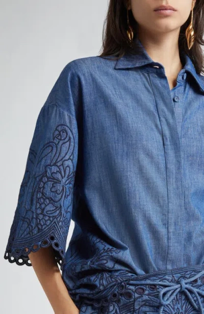 Zimmermann Denim Shirt With Floral Embroidery And Collared Neck In Blue