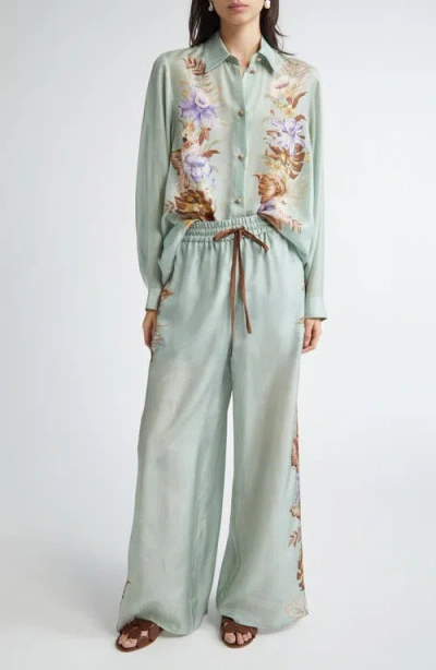 Zimmermann Floral Silk Shirt Featuring Buttoned Cuffs In Green