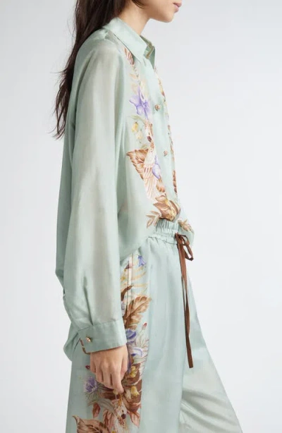 Zimmermann Floral Silk Shirt Featuring Buttoned Cuffs In Green