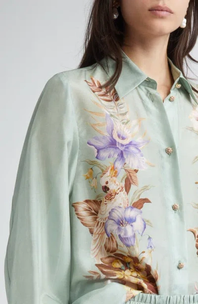 Zimmermann Floral Silk Shirt Featuring Buttoned Cuffs In Green