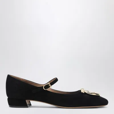 Ferragamo Suede Gancini Heeled Ballerina With Gold Hardware In Black