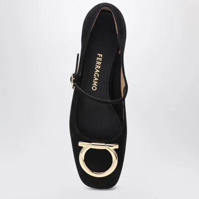 Ferragamo Suede Gancini Heeled Ballerina With Gold Hardware In Black