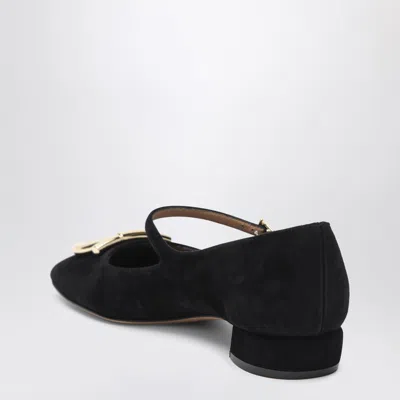 Ferragamo Suede Gancini Heeled Ballerina With Gold Hardware In Black