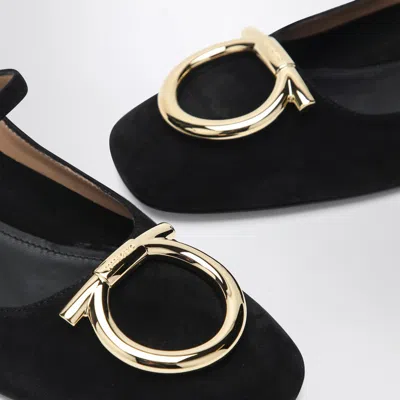 Ferragamo Suede Gancini Heeled Ballerina With Gold Hardware In Black