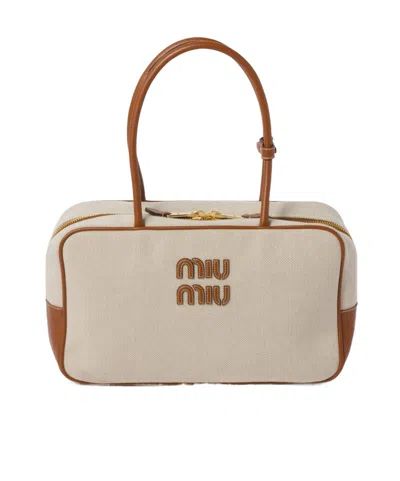 Miu Miu Large Beau Canvas Shoulder Bag In Neutral