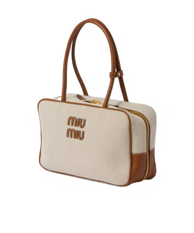 Miu Miu Large Beau Canvas Shoulder Bag In Neutral
