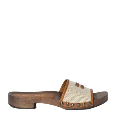 Miu Miu Canvas And Leather Studded Clog Sandals In Neutral