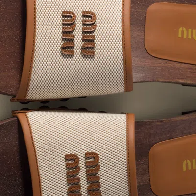 Miu Miu Canvas And Leather Studded Clog Sandals In Neutral