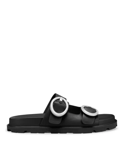 Stuart Weitzman Benni Leather Dual-strap Sport Slide Sandals In Black