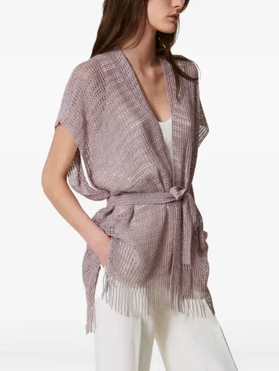 Twinset Caftan Court En Filet Et Lurex Avec Franges In Multi