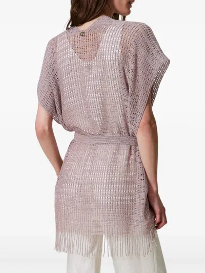 Twinset Caftan Court En Filet Et Lurex Avec Franges In Multi