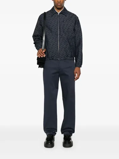 Fendi Embroidered Denim Bomber Jacket In Blue