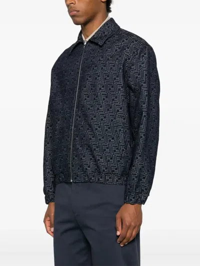 Fendi Embroidered Denim Bomber Jacket In Blue