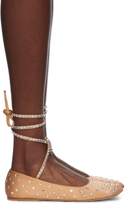 Amina Muaddi Beige Ane Crystal Lace Up Ballerina Flats In Latte