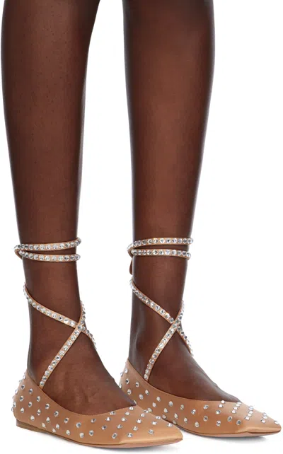 Amina Muaddi Beige Ane Crystal Lace Up Ballerina Flats In Latte