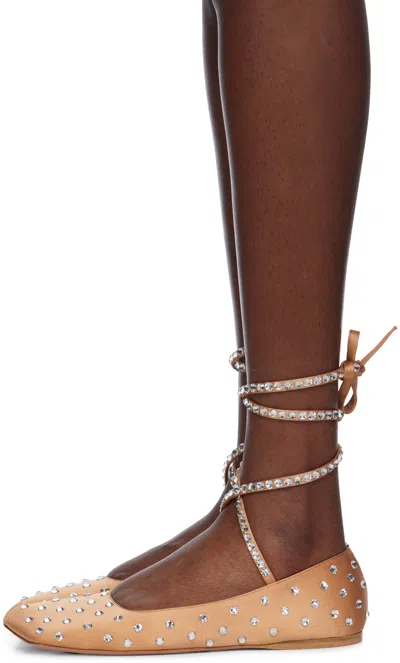 Amina Muaddi Beige Ane Crystal Lace Up Ballerina Flats In Latte