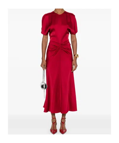 Victoria Beckham Fuchsia Pink Midi Dress With Gathered Waist In Red