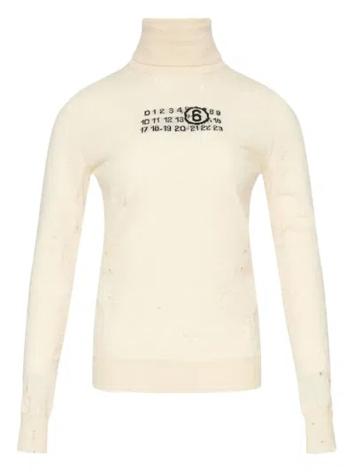 Mm6 Maison Margiela Distressed Crewneck Knitwear With Ribbed Finish In White