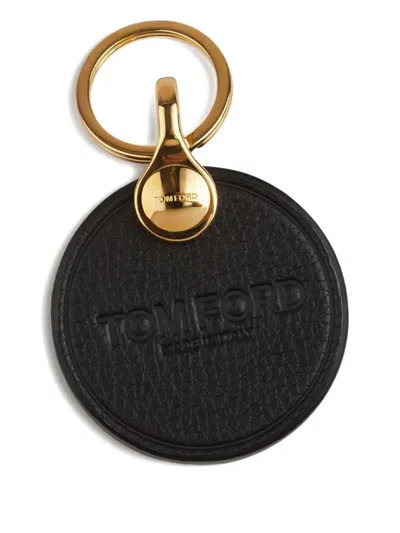 Tom Ford Leather Logo Disk Keyring In Gold