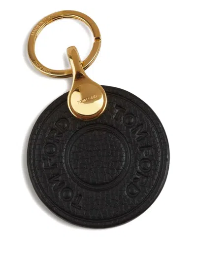 Tom Ford Leather Logo Disk Keyring In Gold