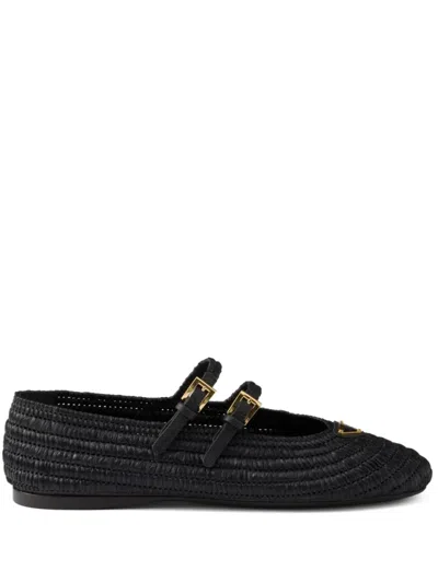Prada Woven Flat Shoes With Adjustable Gold-tone Straps In Black
