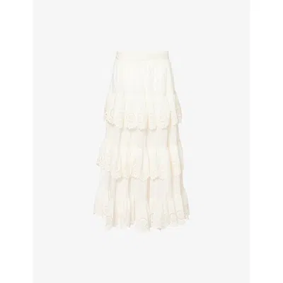 Zimmermann Women Ivory Embroidered Cotton Lucky Tiered Midi Skirt In Neutral