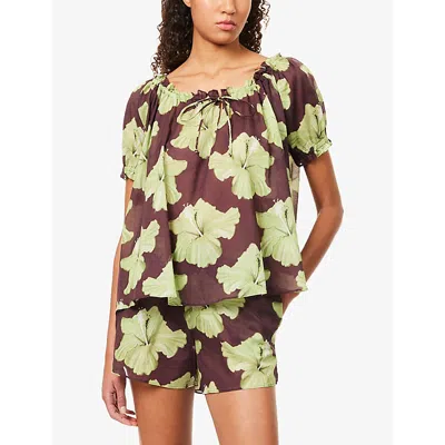 Desmond And Dempsey And Dempsey Womens Cocoa/lime Idyllic Short-sleeve Cotton Pyjama Set