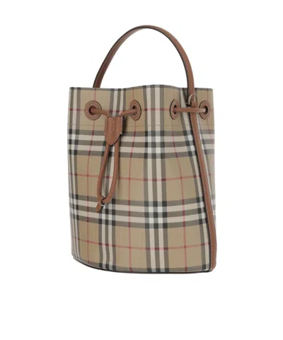 Burberry Check Pattern Canvas Bucket Bag With Top Handle And Leather Trim In Neutral
