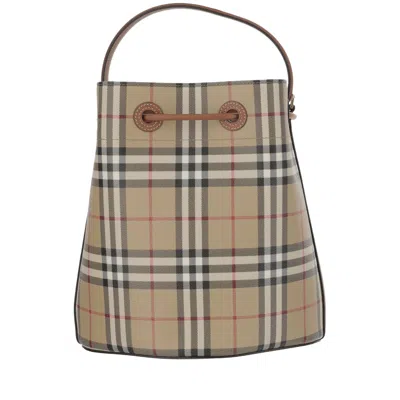 Burberry Check Pattern Canvas Bucket Bag With Top Handle And Leather Trim In Neutral