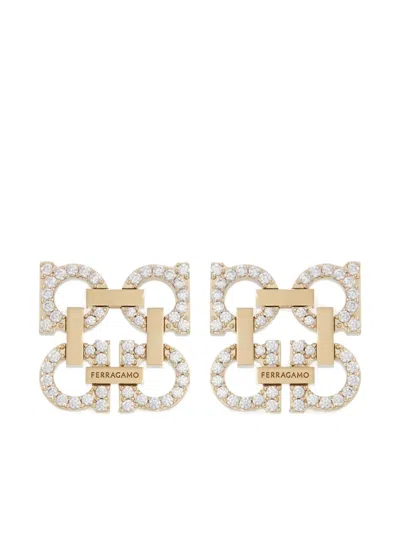 Ferragamo Crystal Embellished Four Gancini Clip On Earrings In Gold