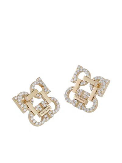 Ferragamo Crystal Embellished Four Gancini Clip On Earrings In Gold