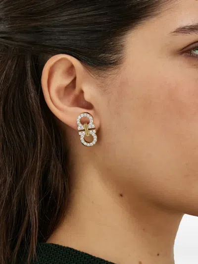 Ferragamo Double Hook Earrings With Crystal Accents In Gold