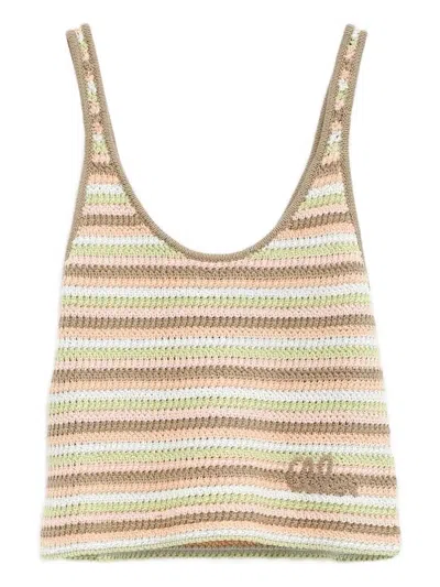 Chloé Cropped Embroidered Striped Crocheted Cotton Tank In Green