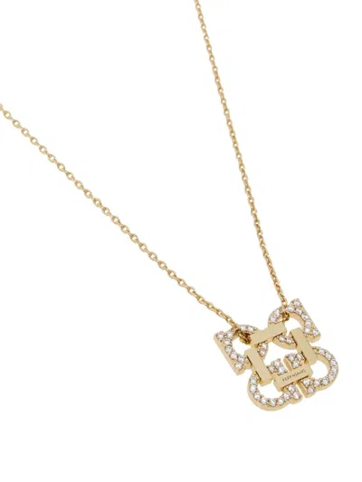 Ferragamo Crystal Embellished Four Gancini Pendant Necklace In Gold