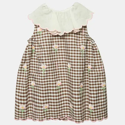 Pre-owned Fendi Brown Check Embroidered Dress 6m