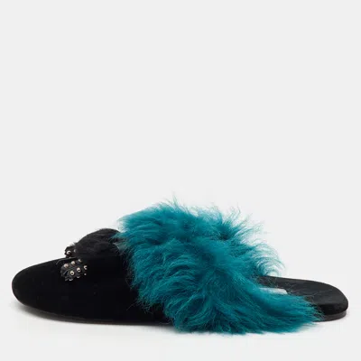 Pre-owned Prada Black/teal Velvet And Fur Tassel Flat Mules Size 38